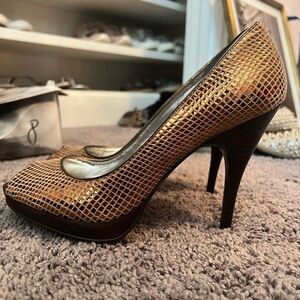 Calvin Klein bronze open toe pumps